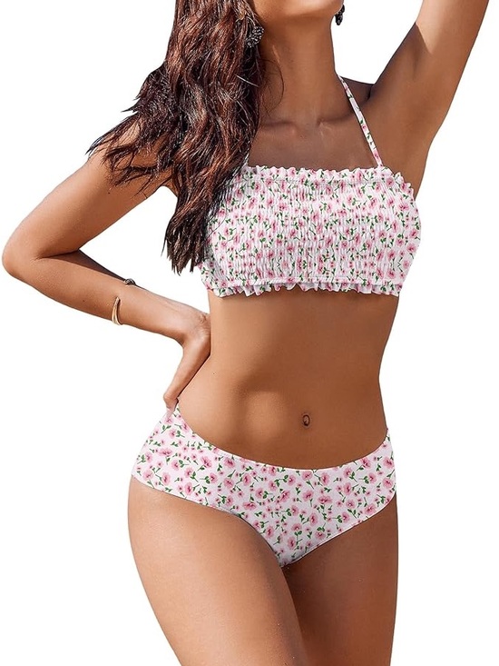 AI’MAGE Other - AI’MAGE Pink Floral Smocked Bandeau Bikini Set Cottagecore Halter Swimsuit